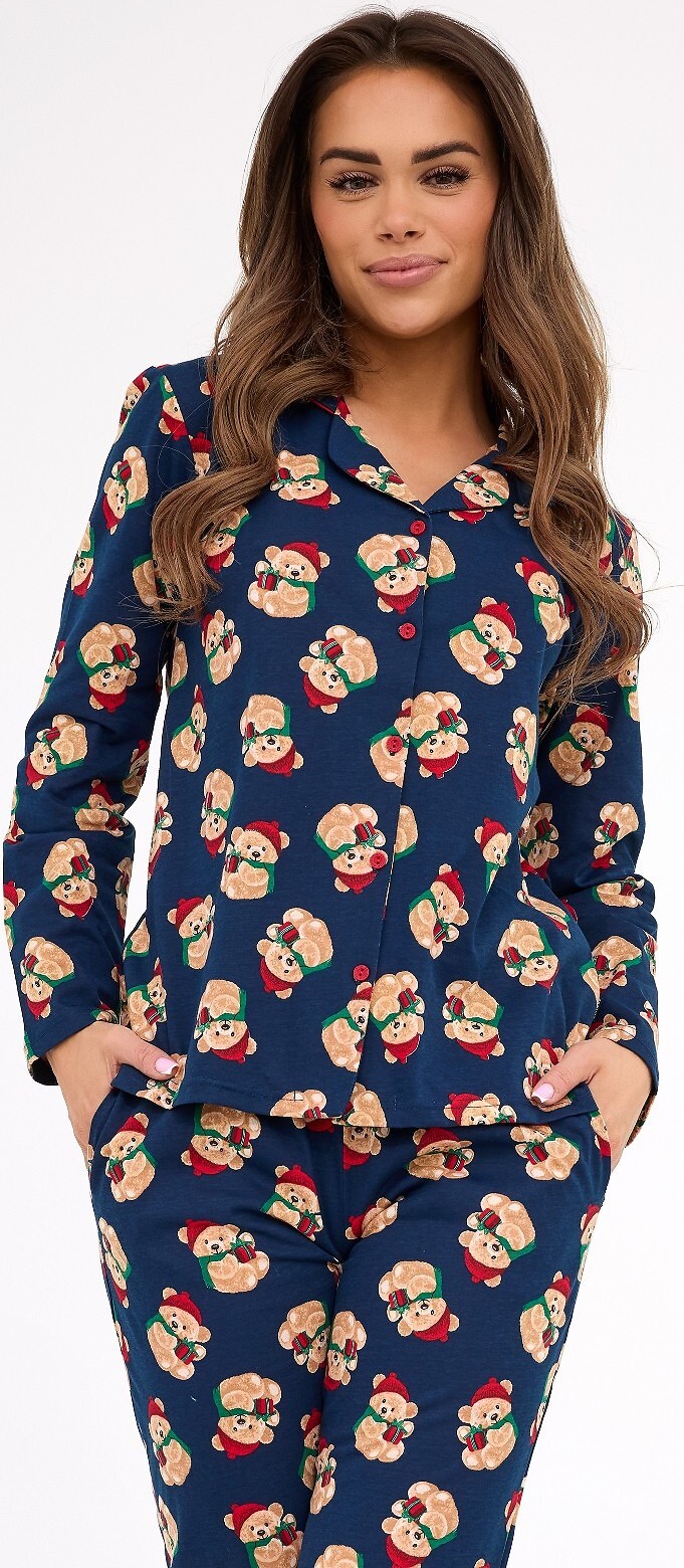 Cornette Tmavomodré dámske dlhé pyžamo s vianočnou potlačou 482/459 Teddy 5 dł/r Christmas S-2XL damska rozpinana Veľkosť: XL, Barva: tmavomodrá