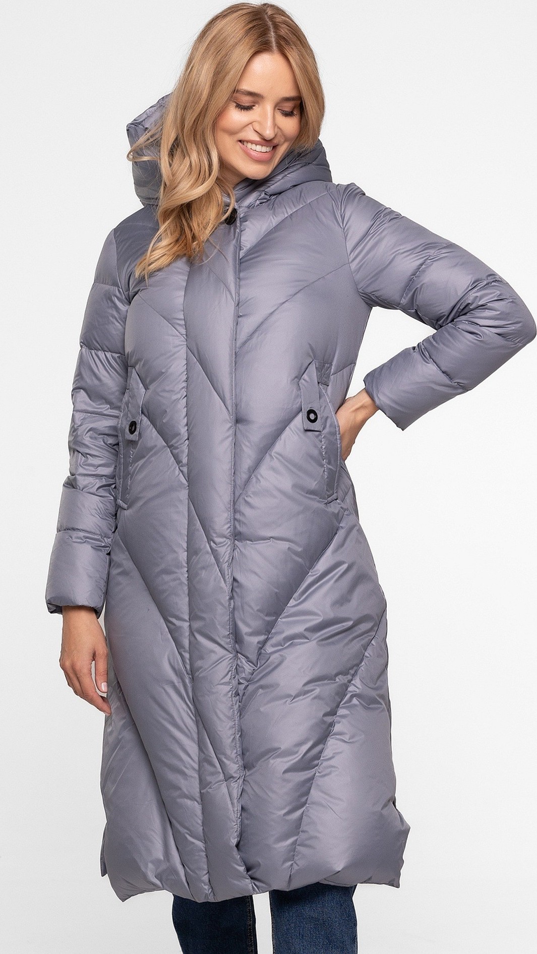 Modrosivý dámsky páperový prešívaný kabát BLH 251037 FX - blue Veľkosť: S