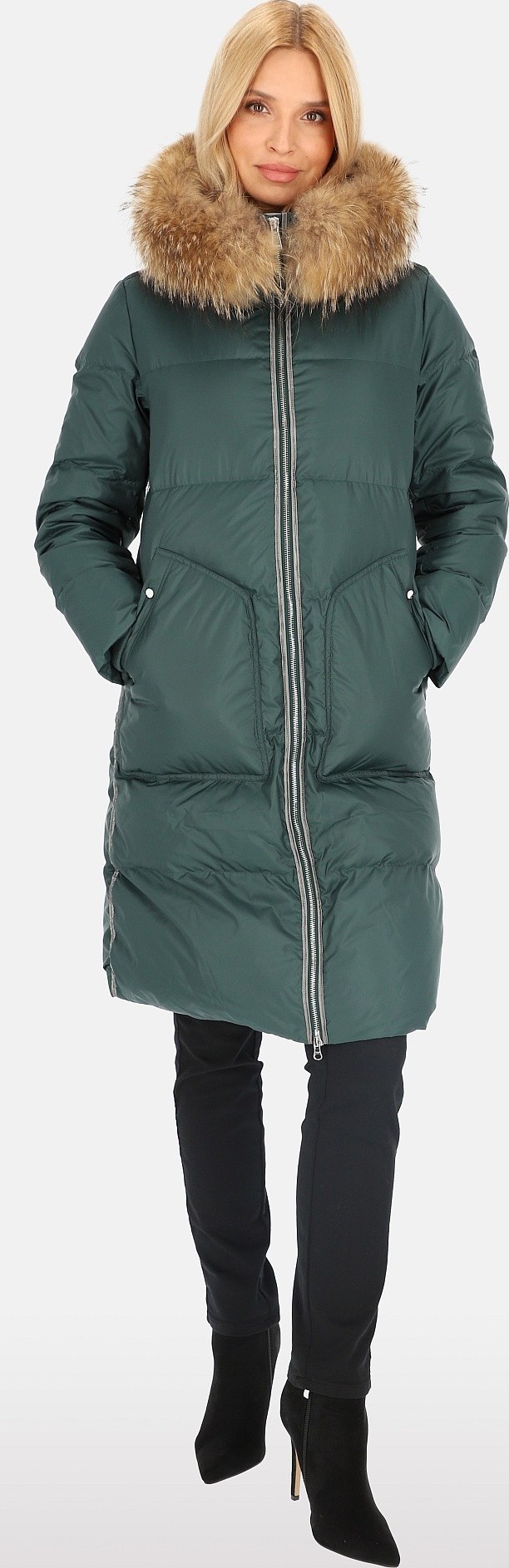 Elegantná fľaškovo zelená dámska páperová bunda s kontrastným pruhom BLH 241001 FXR - bottle green Veľkosť: XL