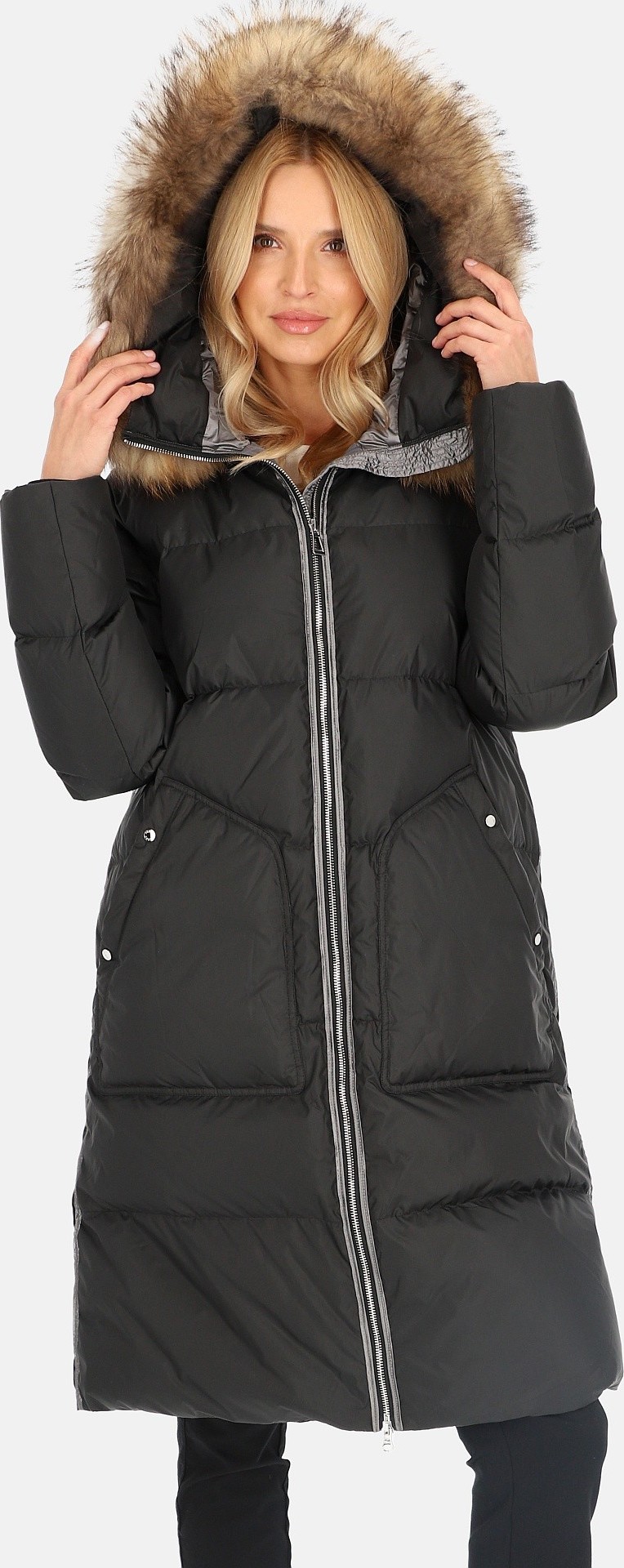 Elegantná čierna dámska páperová bunda s kontrastným pruhom BLH 241001 FXR - black Veľkosť: 2XL