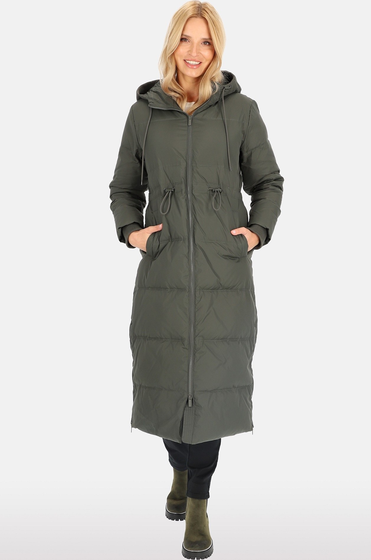 Khaki dámska dlhá páperová bunda s prešívaním BLH 241008 FX - khaki Veľkosť: XL