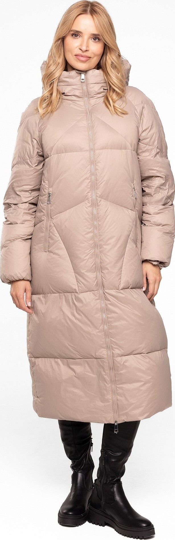 Béžová dámska dlhá páperová prešívaná bunda na zips s kapucňou BLH 253527 FX - beige Veľkosť: 3XL