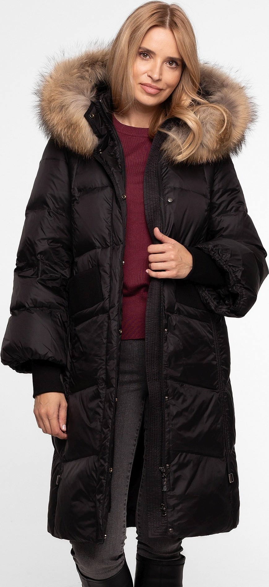 Čierna dámska páperová bunda s prírodnou kožušinou BLH 252519 FXR - black Veľkosť: 3XL