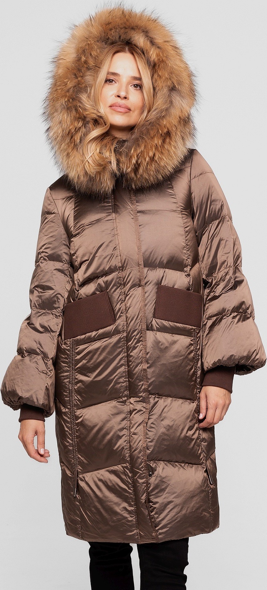 Hnedá dámska páperová bunda s prírodnou kožušinou BLH 252519 FXR - brown Veľkosť: S