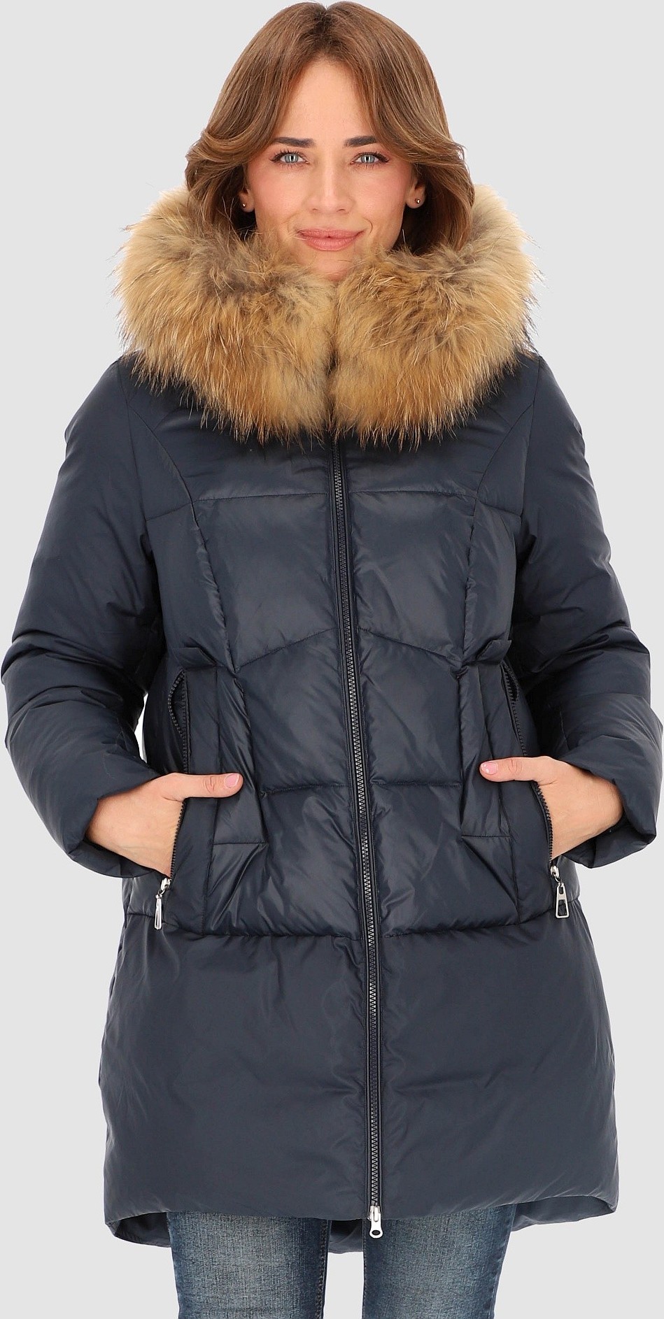 Tmavomodrá dámska asymetrická páperová bunda s prešívaním BLH 232020 FXR - dark blue Veľkosť: S