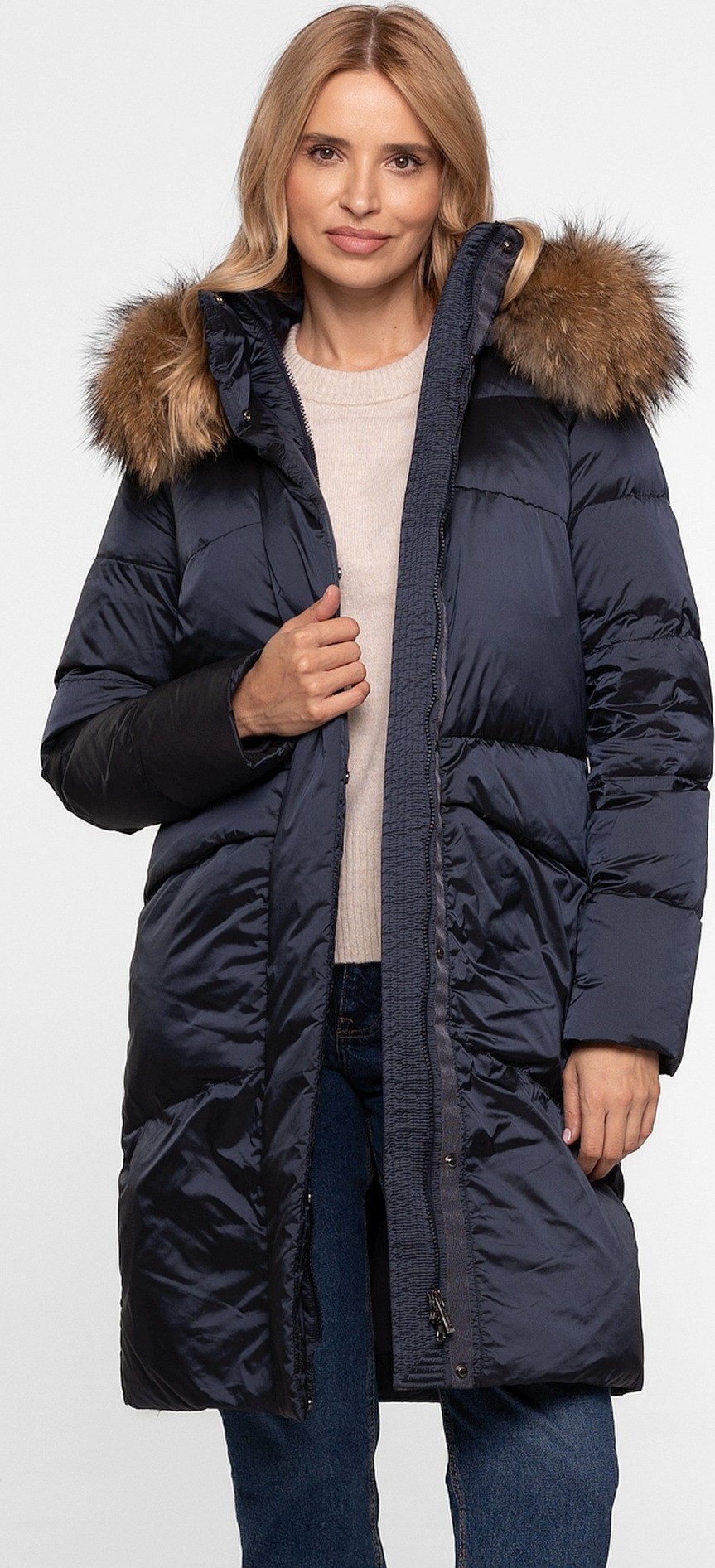 Tmavomodrá dámska páperová bunda s prírodnou kožušinou BLH 252525 FXR - dark blue Veľkosť: M