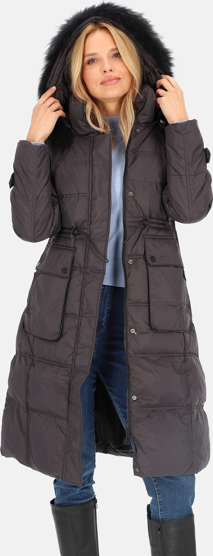 Tmavosivý dámsky páperový prešívaný kabát s kožušinou na kapucni BLH 220027 FXR - dark grey Veľkosť: M
