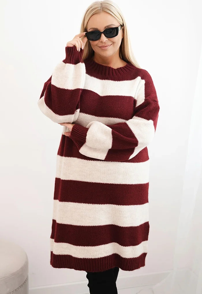 Vínovo-smetanové dámské pruhované svetrové šaty s viskózou Veľkosť: ONE SIZE
