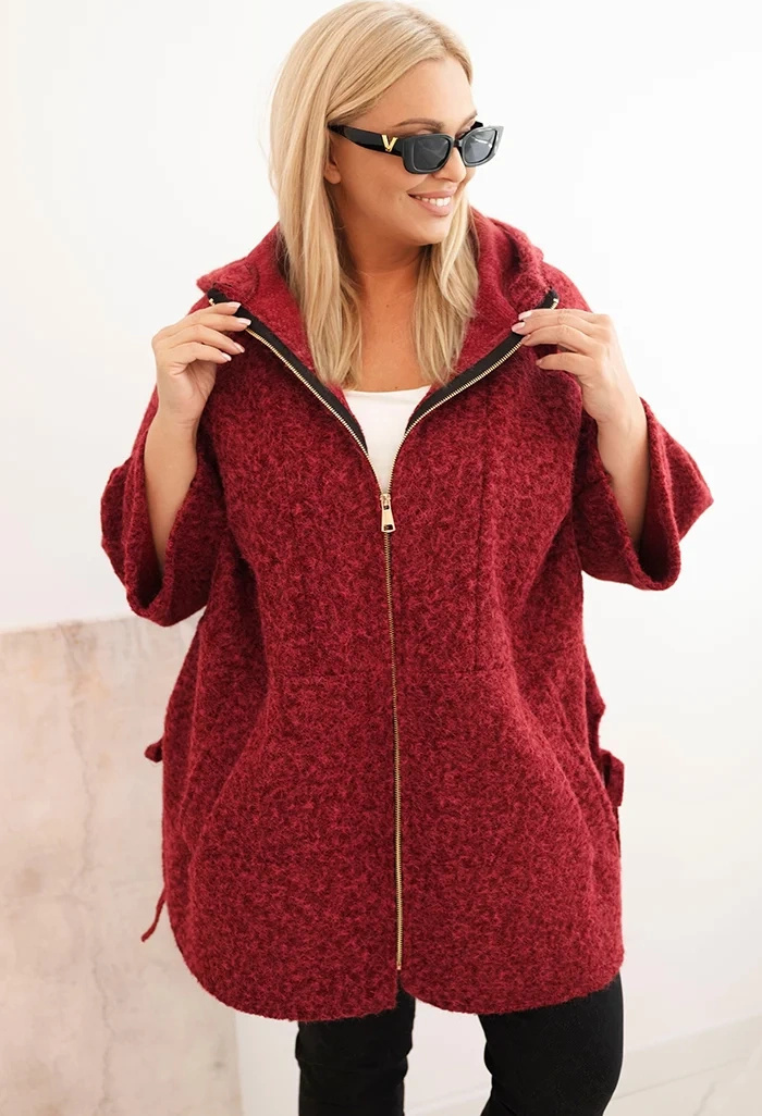 Vínový dámsky plus size kabát s kapucňou a zipsom Veľkosť: ONE SIZE