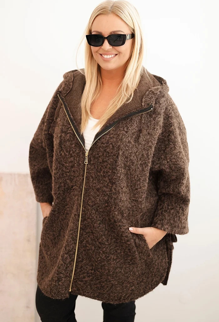 Hnedý dámsky plus size kabát s kapucňou a zipsom Veľkosť: ONE SIZE