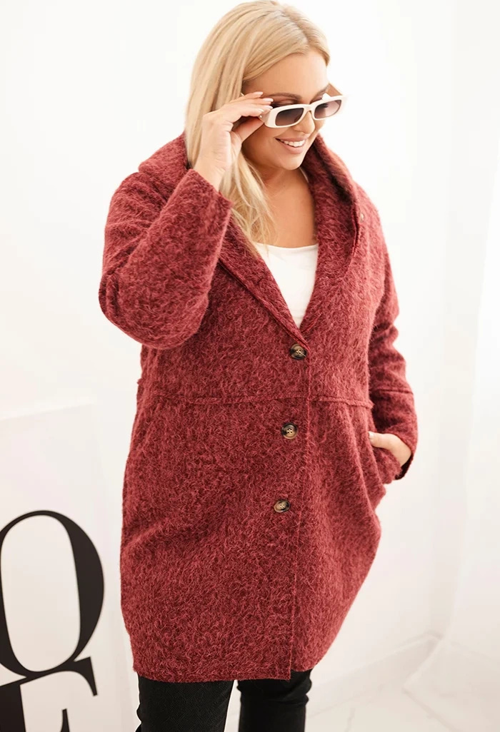 Vínový dámsky plus size teddy kabát s kapucňou a vreckami Veľkosť: ONE SIZE