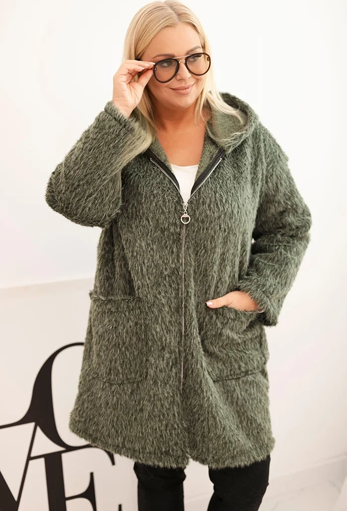 Khaki dámsky viskózový Plus Size kabát na zips s kapucňou Veľkosť: ONE SIZE