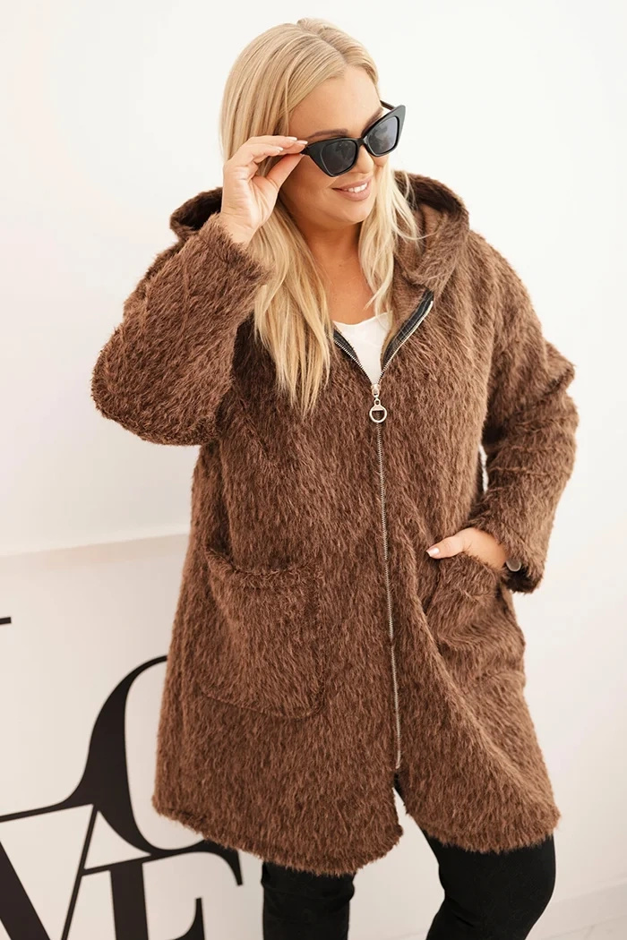 Hnedý dámsky viskózový Plus Size kabát na zips s kapucňou Veľkosť: ONE SIZE