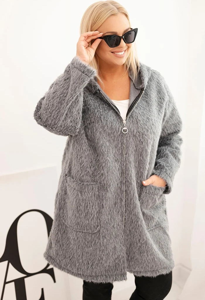 Sivý dámsky viskózový Plus Size kabát na zips s kapucňou Veľkosť: ONE SIZE