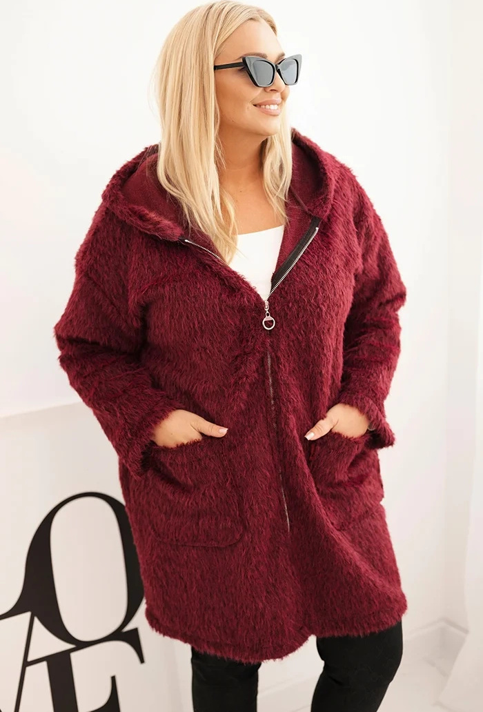 Vínový dámsky viskózový Plus Size kabát na zips s kapucňou Veľkosť: ONE SIZE