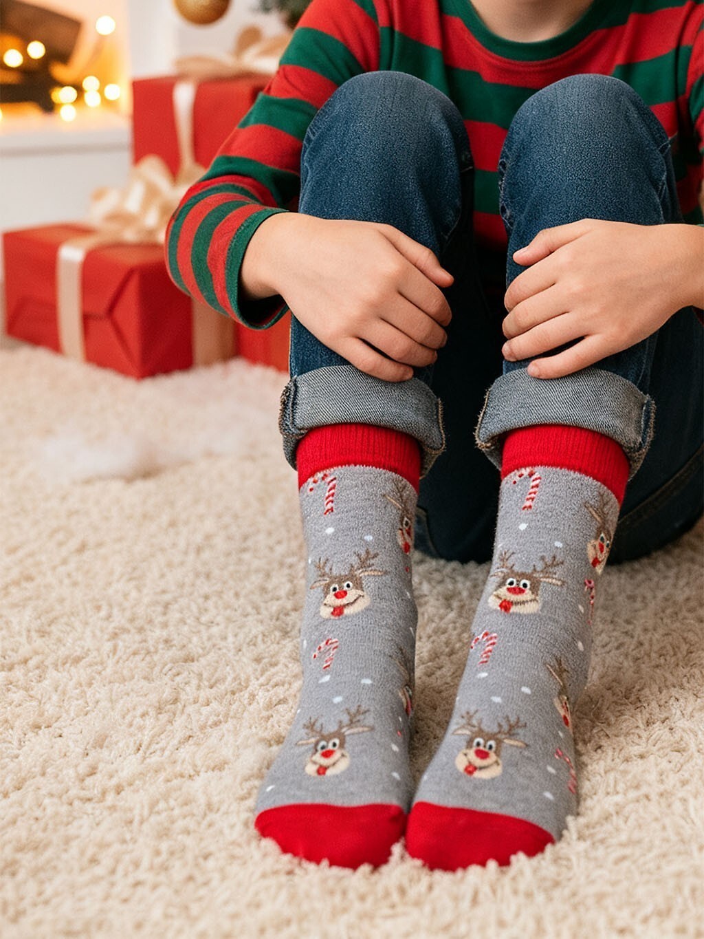 Milena Pánske vianočné ponožky so sobmi a cukrovými paličkami 1290-029 Świąteczne Renifer I Cukrowe laski 38-46 Veľkosť: 42-46, Barva: svetlá melanž