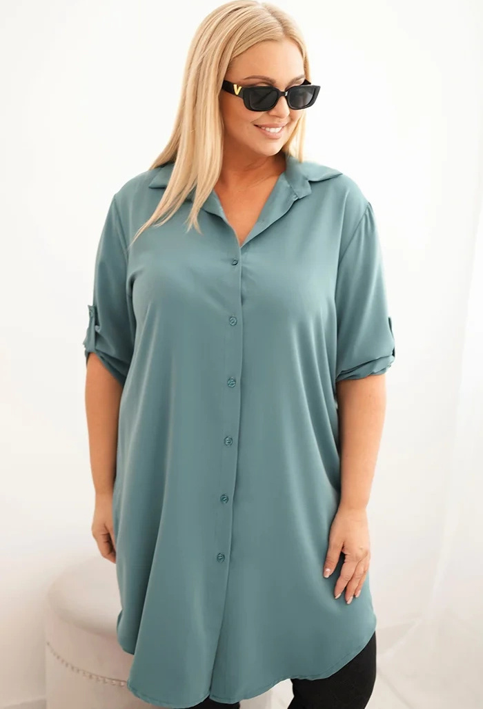 Mätové asymetrické Plus Size košeľové šaty s vyhrňovacími rukávmi Veľkosť: ONE SIZE