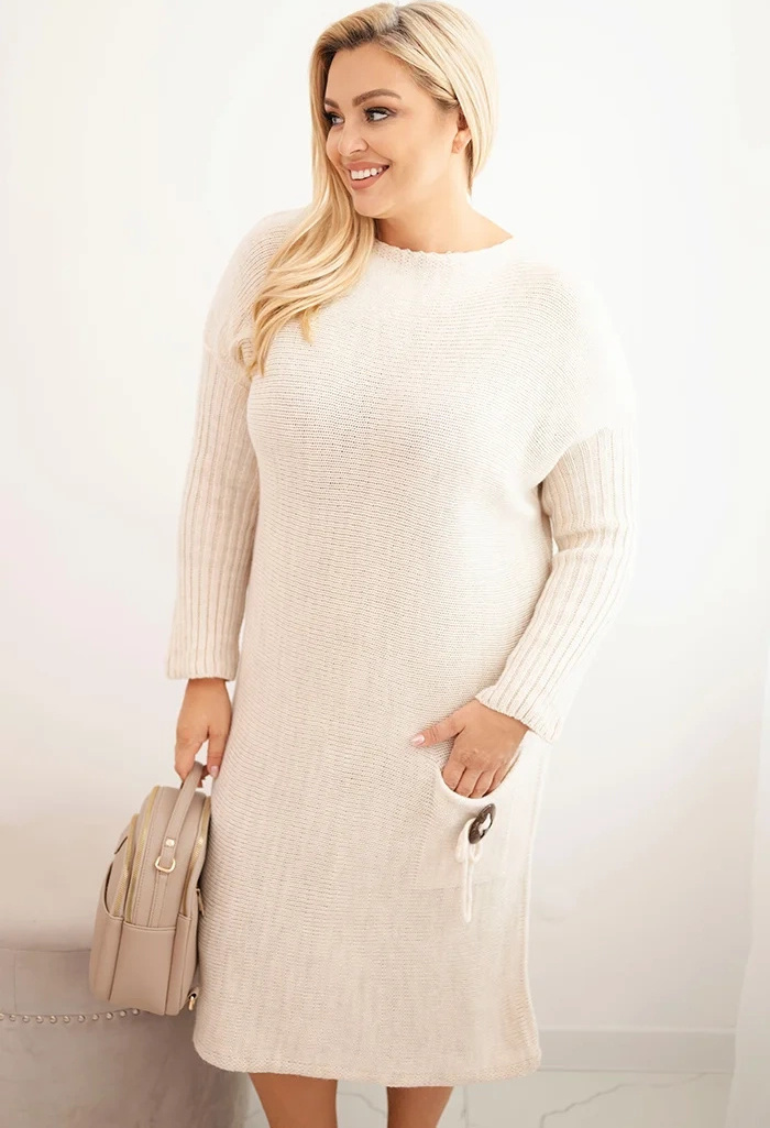 Béžové Plus Size svetrové midi šaty s vreckom Veľkosť: ONE SIZE