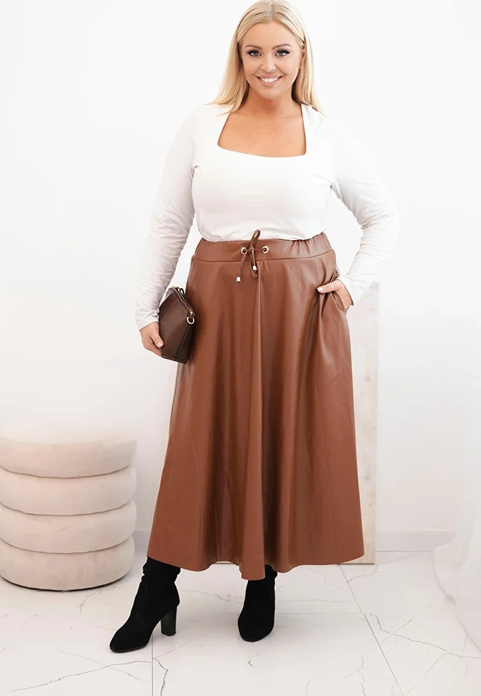 Camel koženková Plus Size midi sukňa so šnúrkou v páse Veľkosť: ONE SIZE