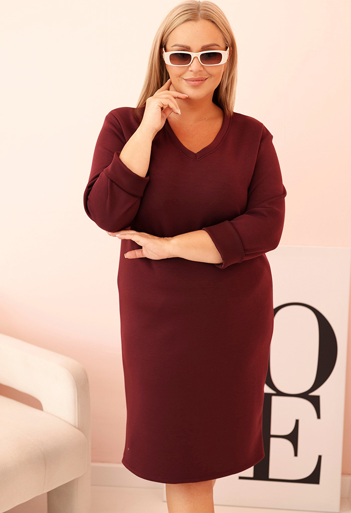 Vínové Plus Size šaty s výstrihom do V a 3/4 rukávmi Veľkosť: ONE SIZE