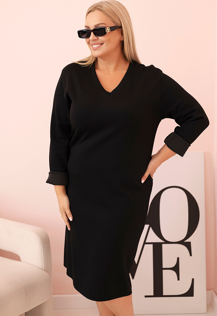 Čierne Plus Size šaty s výstrihom do V a 3/4 rukávmi Veľkosť: ONE SIZE