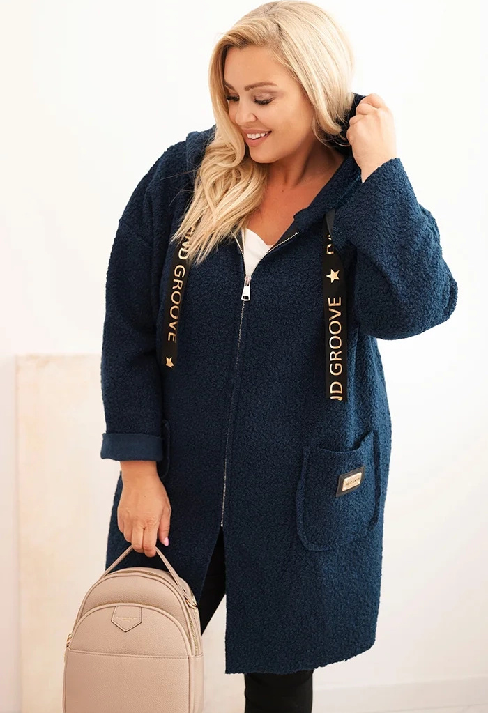 Tmavomodrý štýlový dámsky plus size teddy kabátik na zips s kapucňou Veľkosť: ONE SIZE