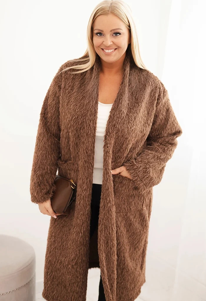 Hnedý dámsky Plus Size teddy kabát z viskózy bez zapínania Veľkosť: ONE SIZE