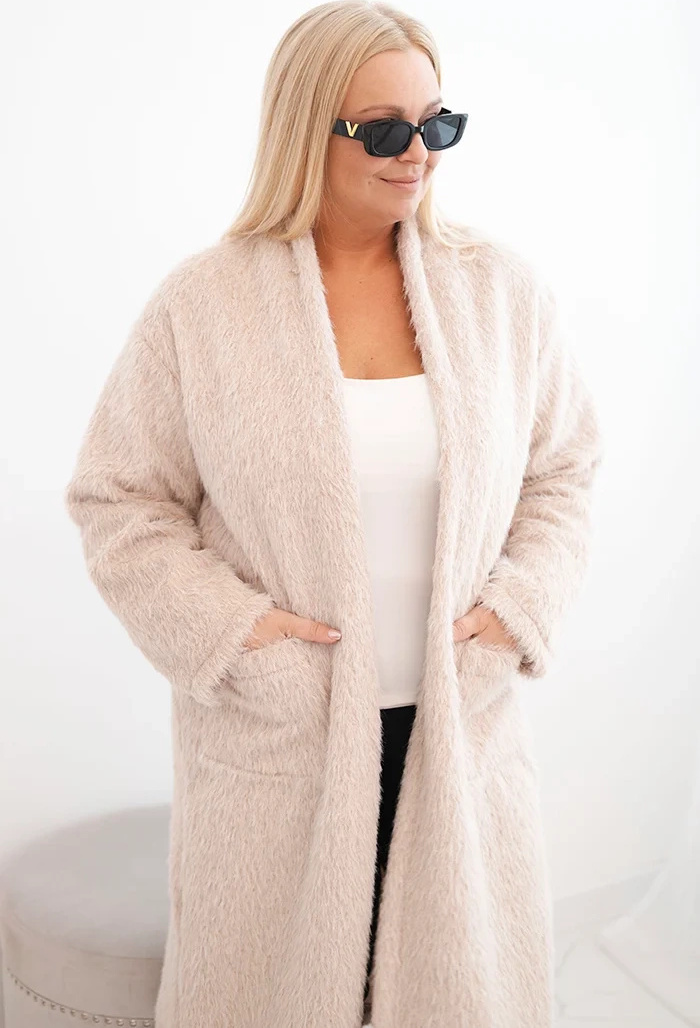 Béžový dámsky Plus Size teddy kabát z viskózy bez zapínania Veľkosť: ONE SIZE