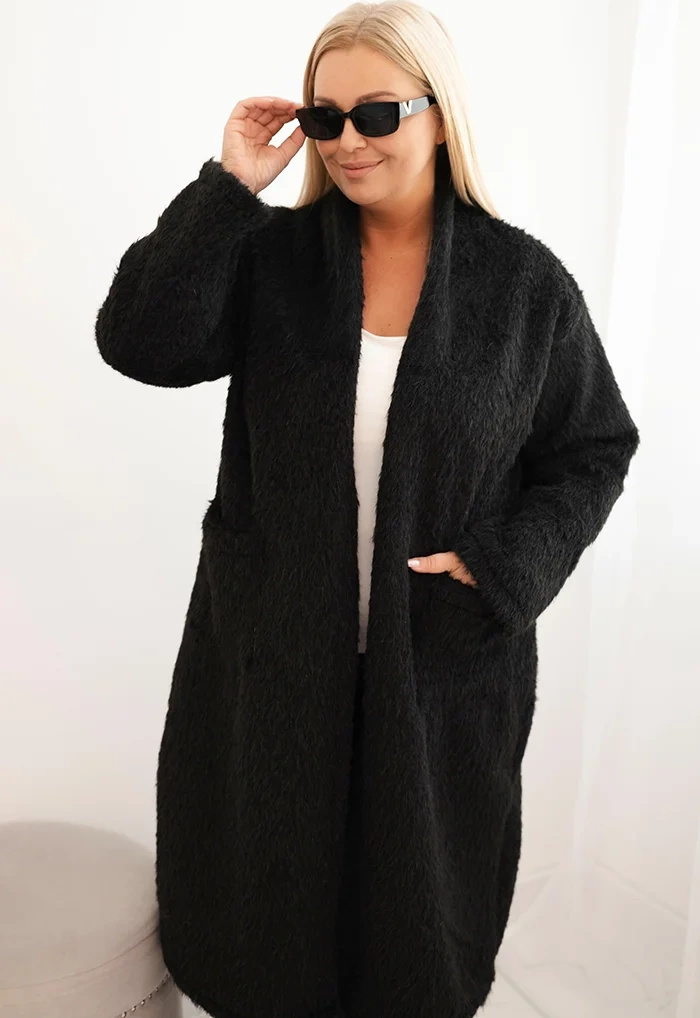 Čierny dámsky Plus Size teddy kabát z viskózy bez zapínania Veľkosť: ONE SIZE