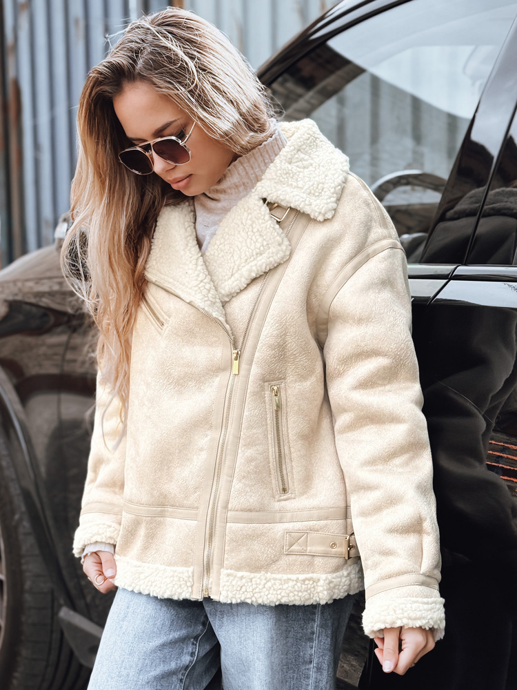 Béžová dámska koženková bunda s baránkovou podšívkou TY5245 Veľkosť: S