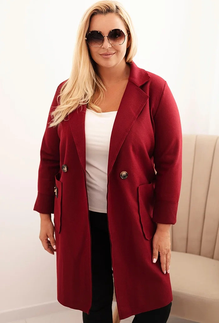 Vínový dámsky elegantný plus size kabát s golierom a veľkými vreckami Veľkosť: ONE SIZE