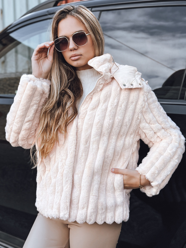 Elegantná dámska svetloružová kožušinová bunda s ozdobným zakončením TY5277 Veľkosť: S