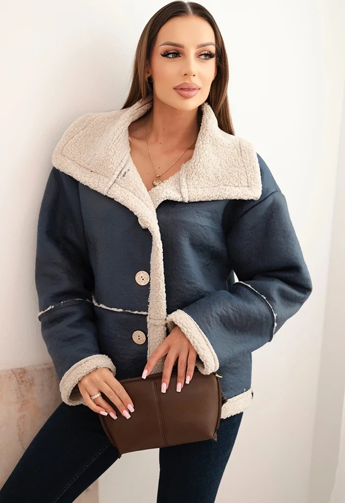 Tmavomodrá dámska Plus Size bunda zateplená baránkom Veľkosť: ONE SIZE