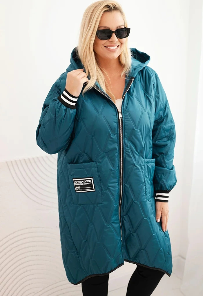 Smaragdová dámska plus size prešívaná bunda s kapucňou a manžetami Veľkosť: ONE SIZE