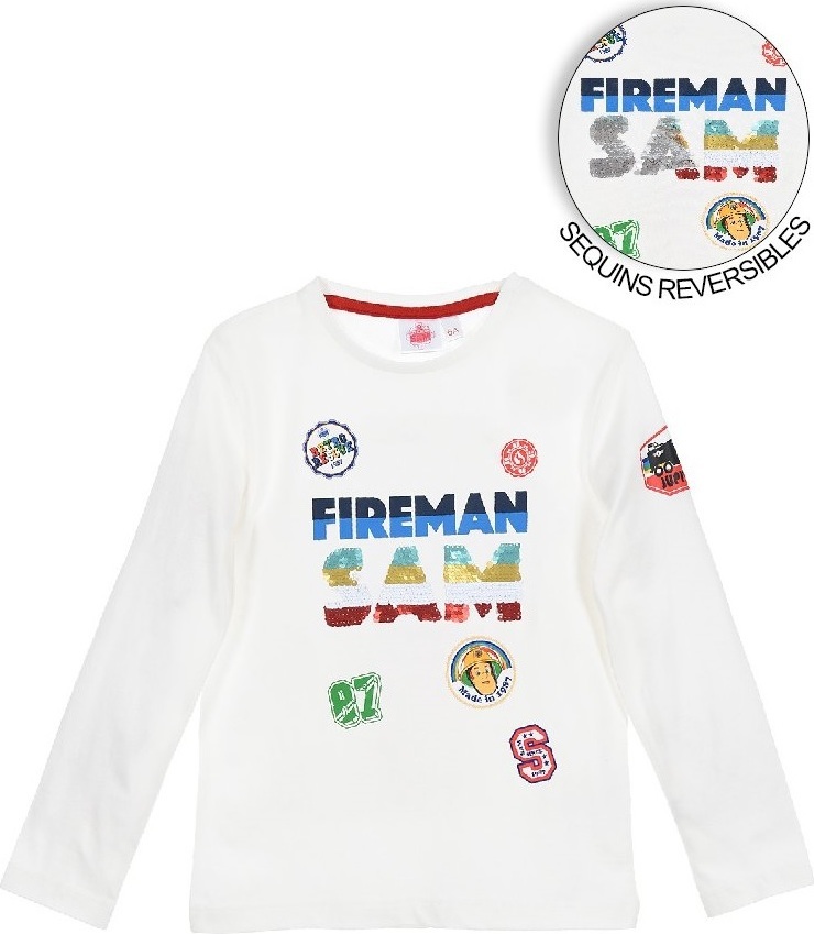 Požiarnik Sam biele chlapčenské tričko s flitrami Veľkosť: 98