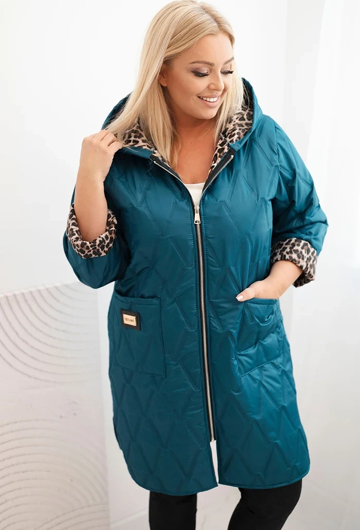 Modrá dámska prešívaná Plus Size bunda s podšívkou s leopardím vzorom a kapucňou Veľkosť: ONE SIZE