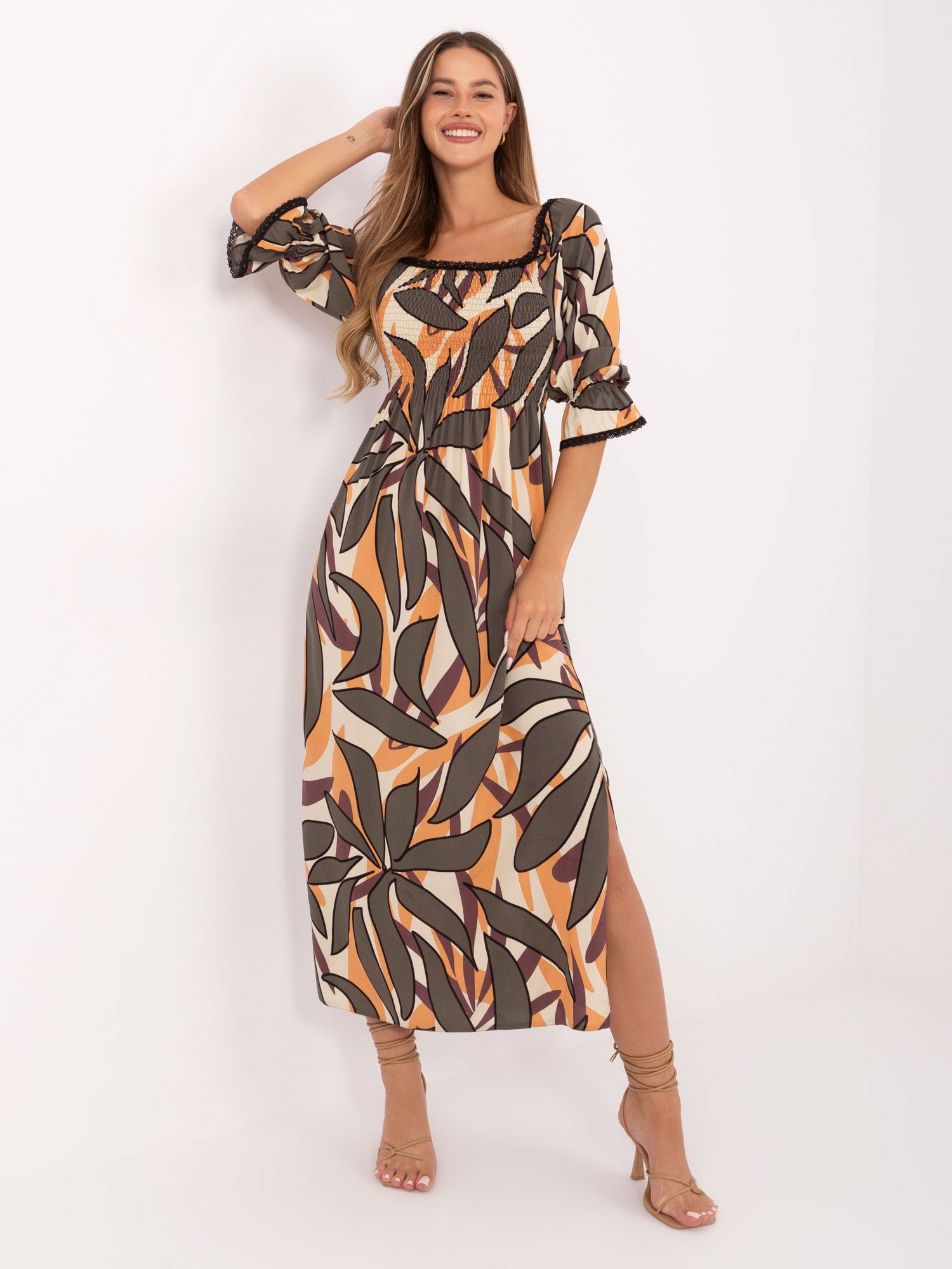 Béžovo-oranžové letné šaty z viskózy so vzormi LK-SK-510095.89-beige Veľkosť: S/M