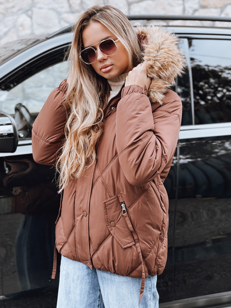 Hnedá dámska prešívaná bunda s kožušinovým lemom TY5231 Veľkosť: XL