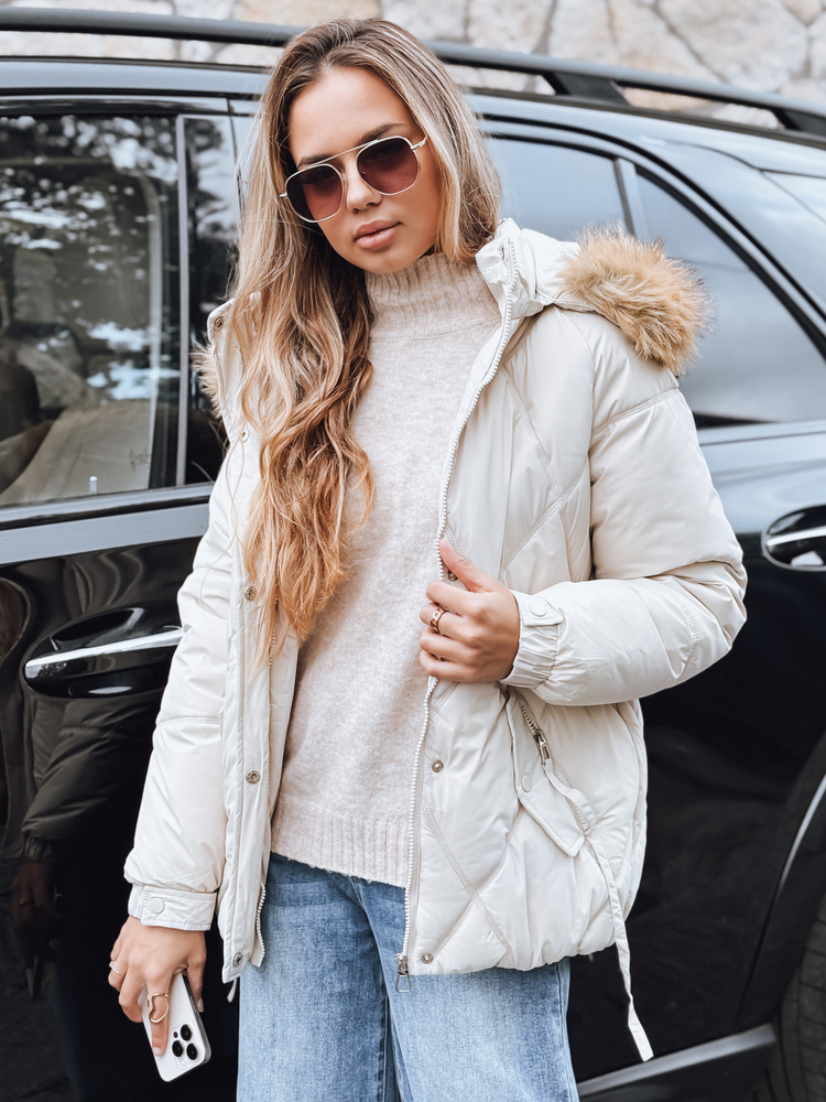 Smotanová dámska prešívaná bunda s kožušinovým lemom TY5236 Veľkosť: S