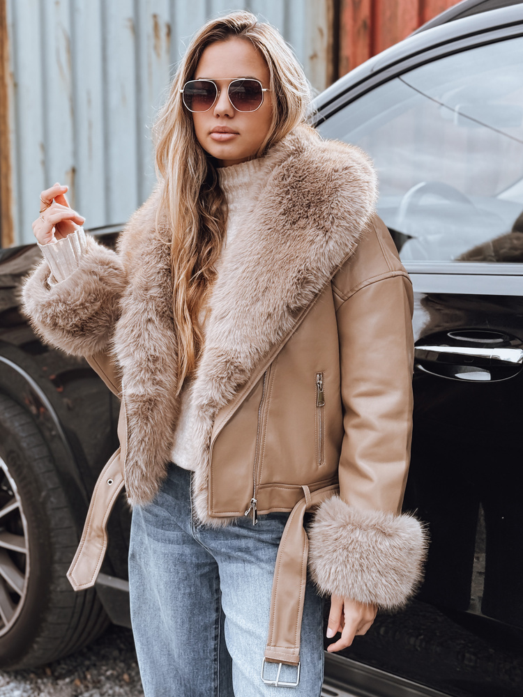 Béžová dámska koženková bunda s kožušinou TY5235 Veľkosť: XL