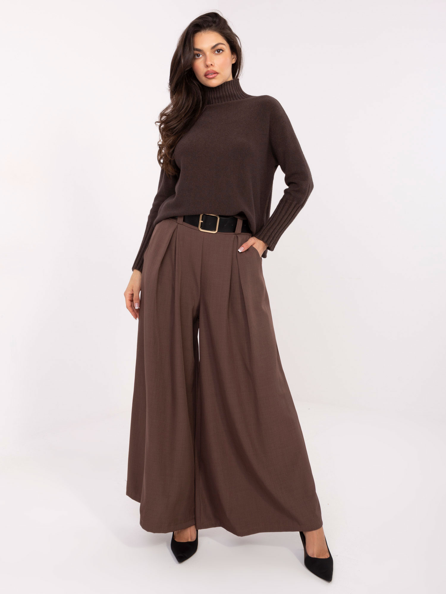 Hnedé dámske viskózové elegantné široké nohavice s opaskom IT-SP-19963.09P-brown Veľkosť: ONE SIZE