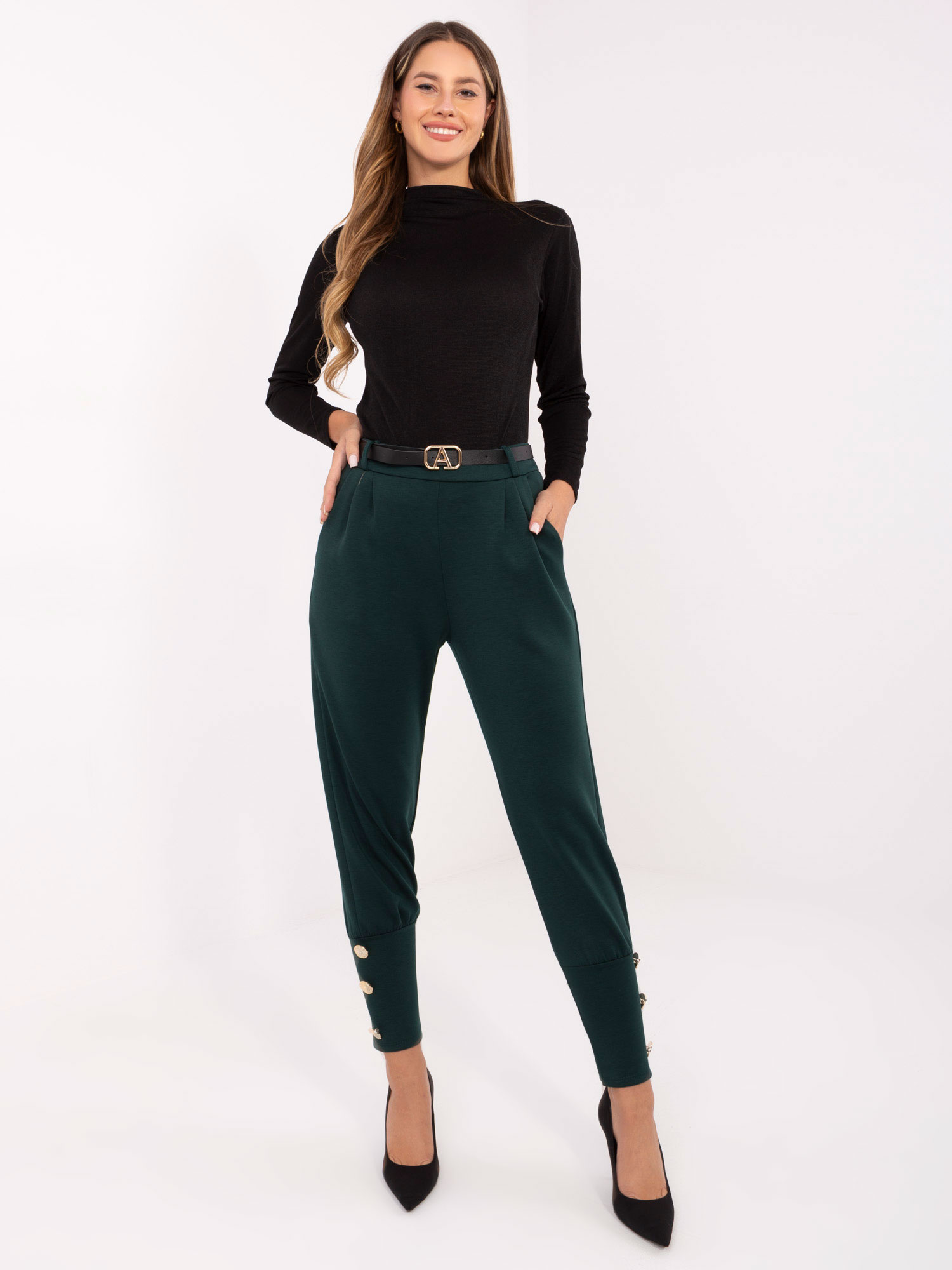 Tmavozelené dámske viskózové elegantné tepláky s opaskom IT-SP-21679.03-dark green Veľkosť: ONE SIZE