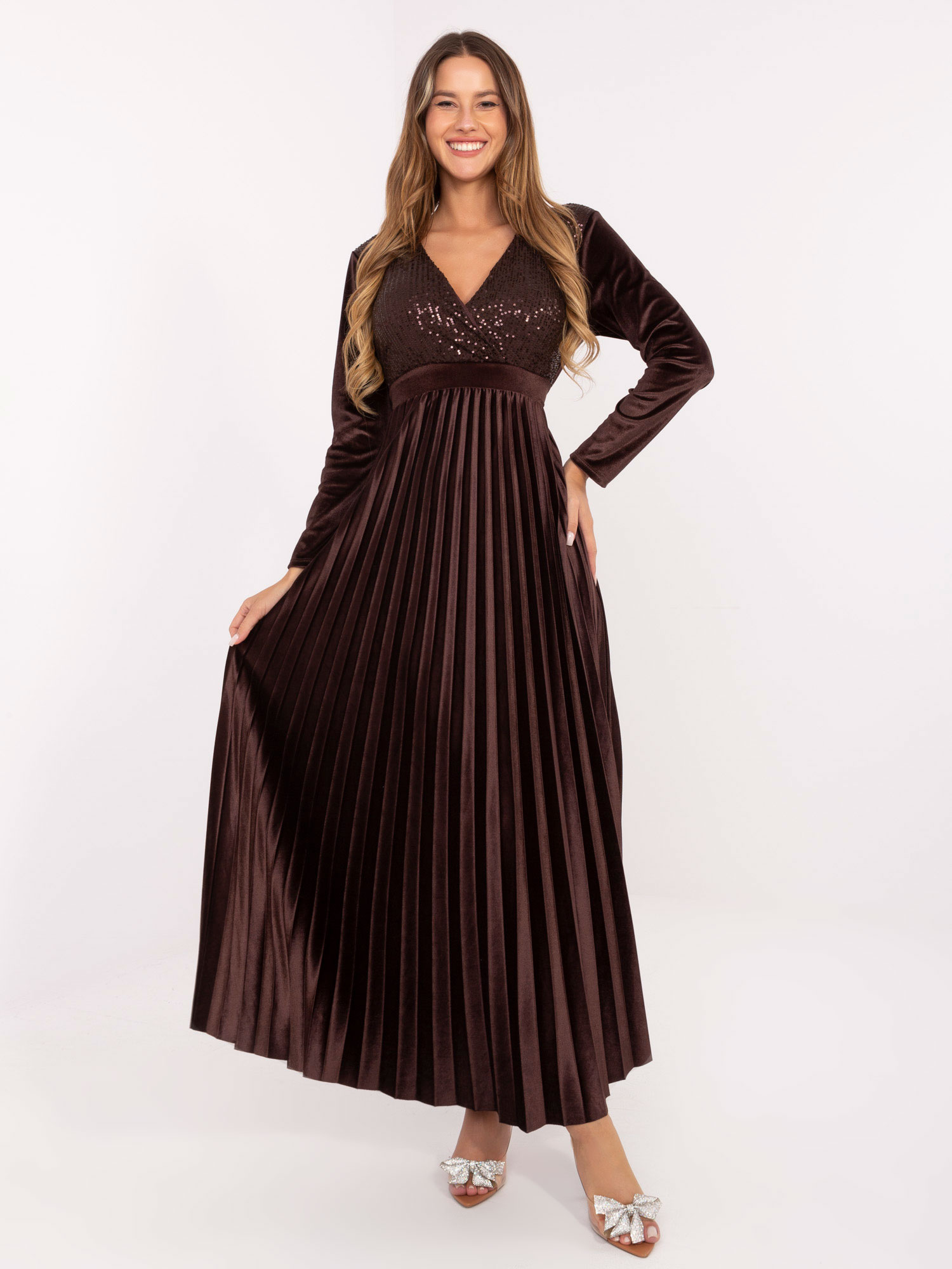 Tmavo hnedé plisované maxi šaty s flitrami IT-SK-16919.04P-dark brown Veľkosť: ONE SIZE