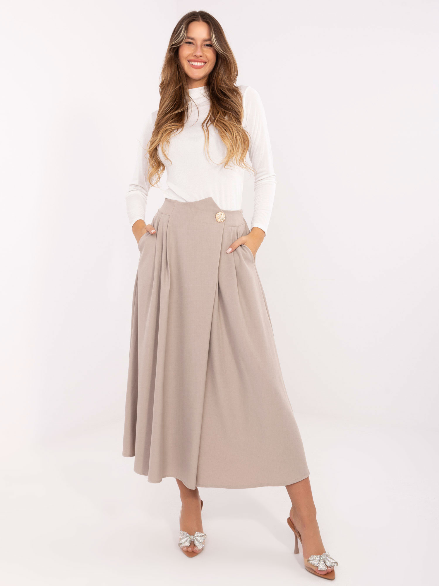 Béžová dámska skladaná midi sukňa s vreckami IT-SD-81036.32-beige Veľkosť: ONE SIZE