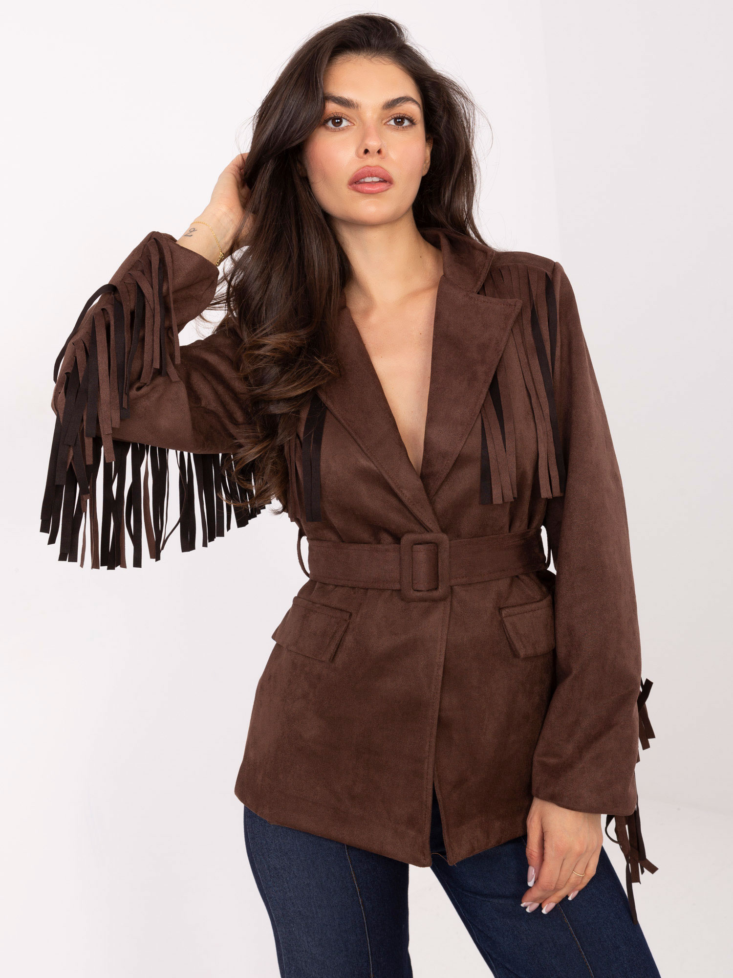 Hnedý dámsky semišový blejzer so strapcami IT-PL-5792.33-brown Veľkosť: ONE SIZE