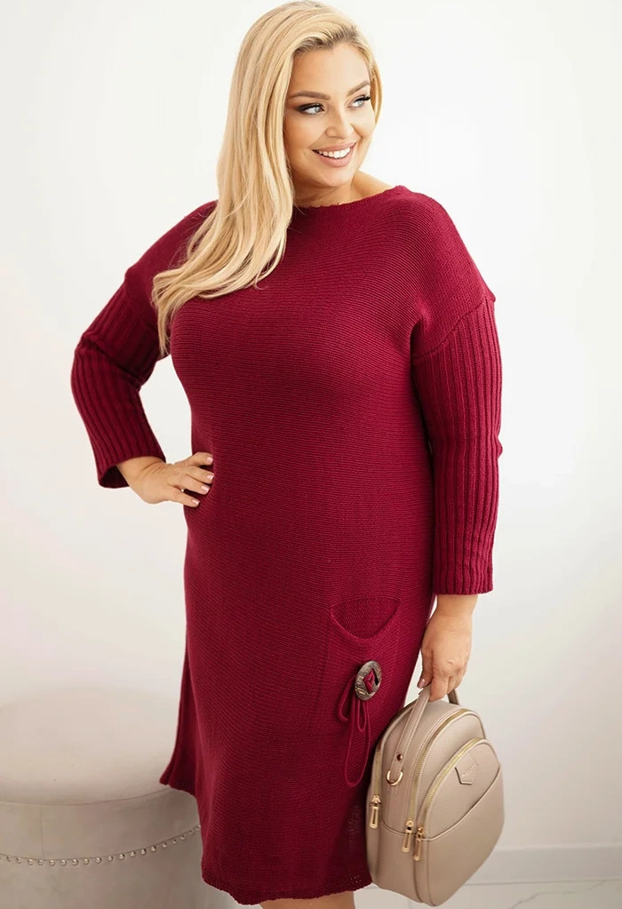 Vínové Plus Size svetrové midi šaty s vreckom Veľkosť: ONE SIZE