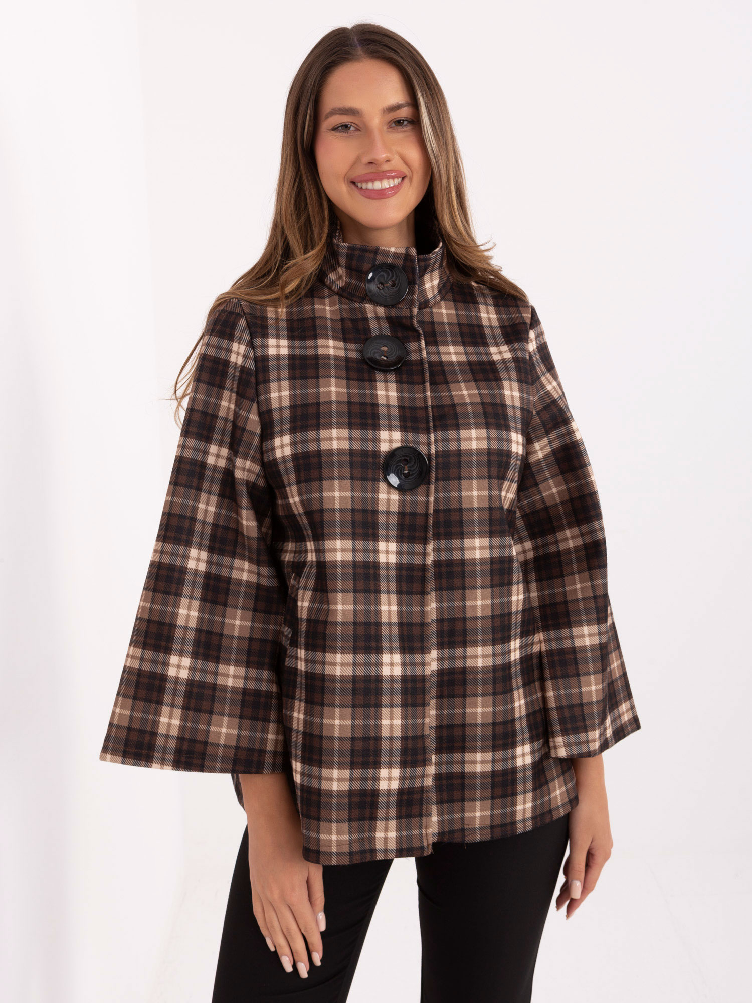 Hnedý dámsky károvaný oversize kabát -IT-PL-31820-1.26-camel Veľkosť: ONE SIZE