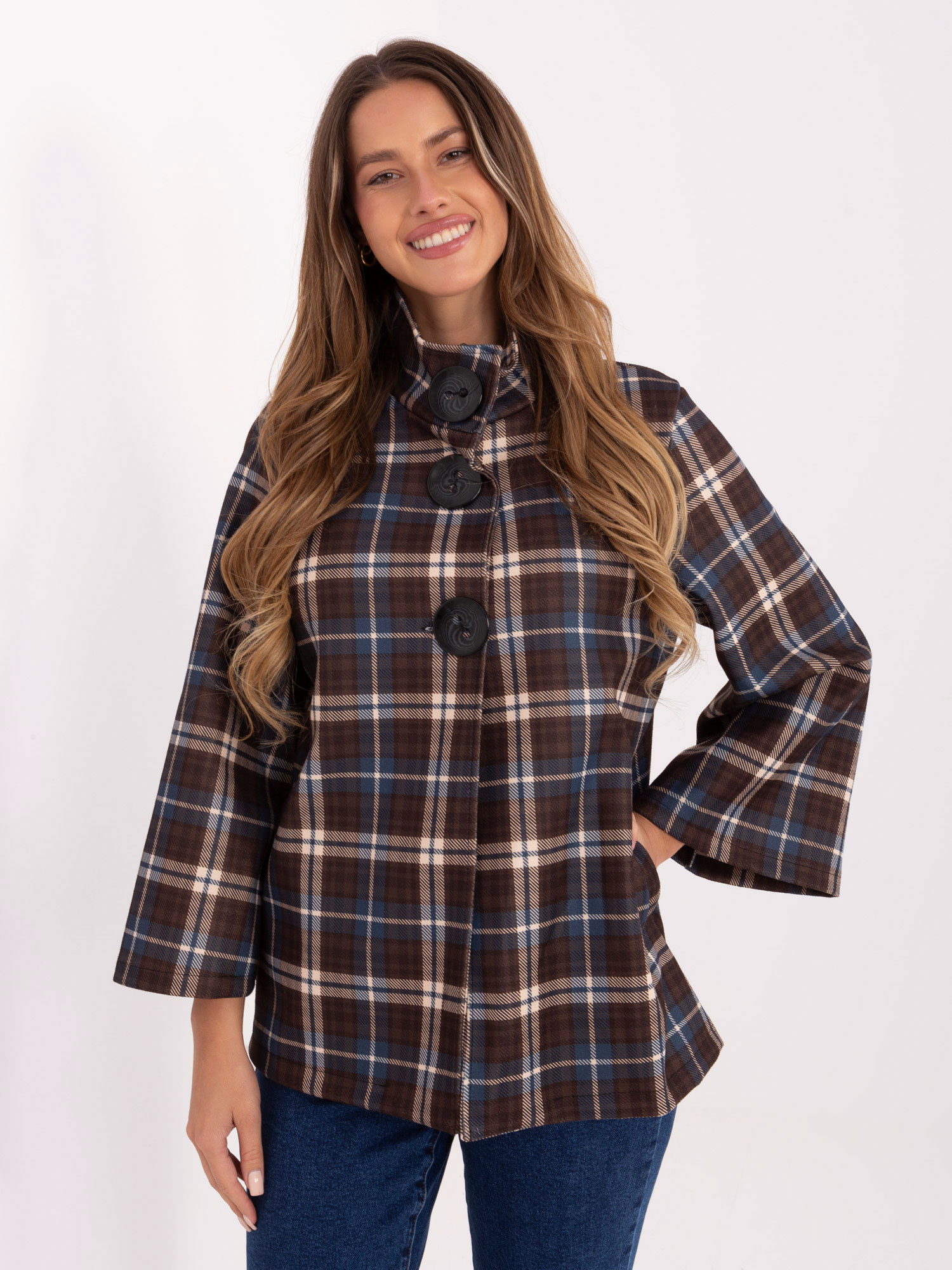 Dámsky károvaný oversize kabát IT-PL-31820-1.26-blue Veľkosť: ONE SIZE