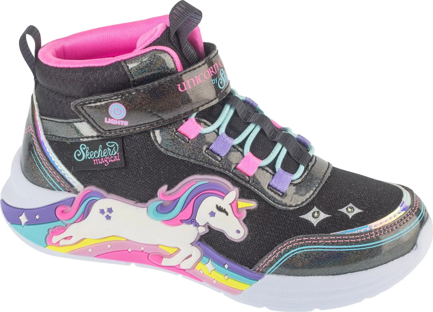 Čierne dievčenské svietiace členkové tenisky Skechers S-Lights: Unicorn Chaser - Jumping Magic 303302L-BKMT Veľkosť: 34
