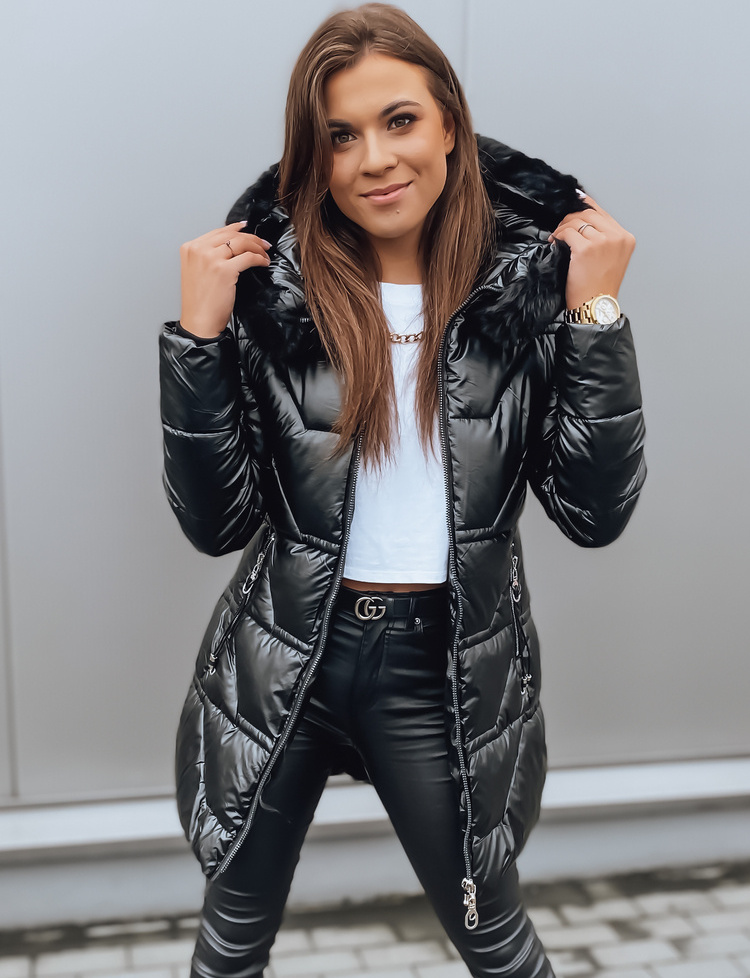 Čierna lesklá dlhá bunda KRISTA TY3065 Veľkosť: M